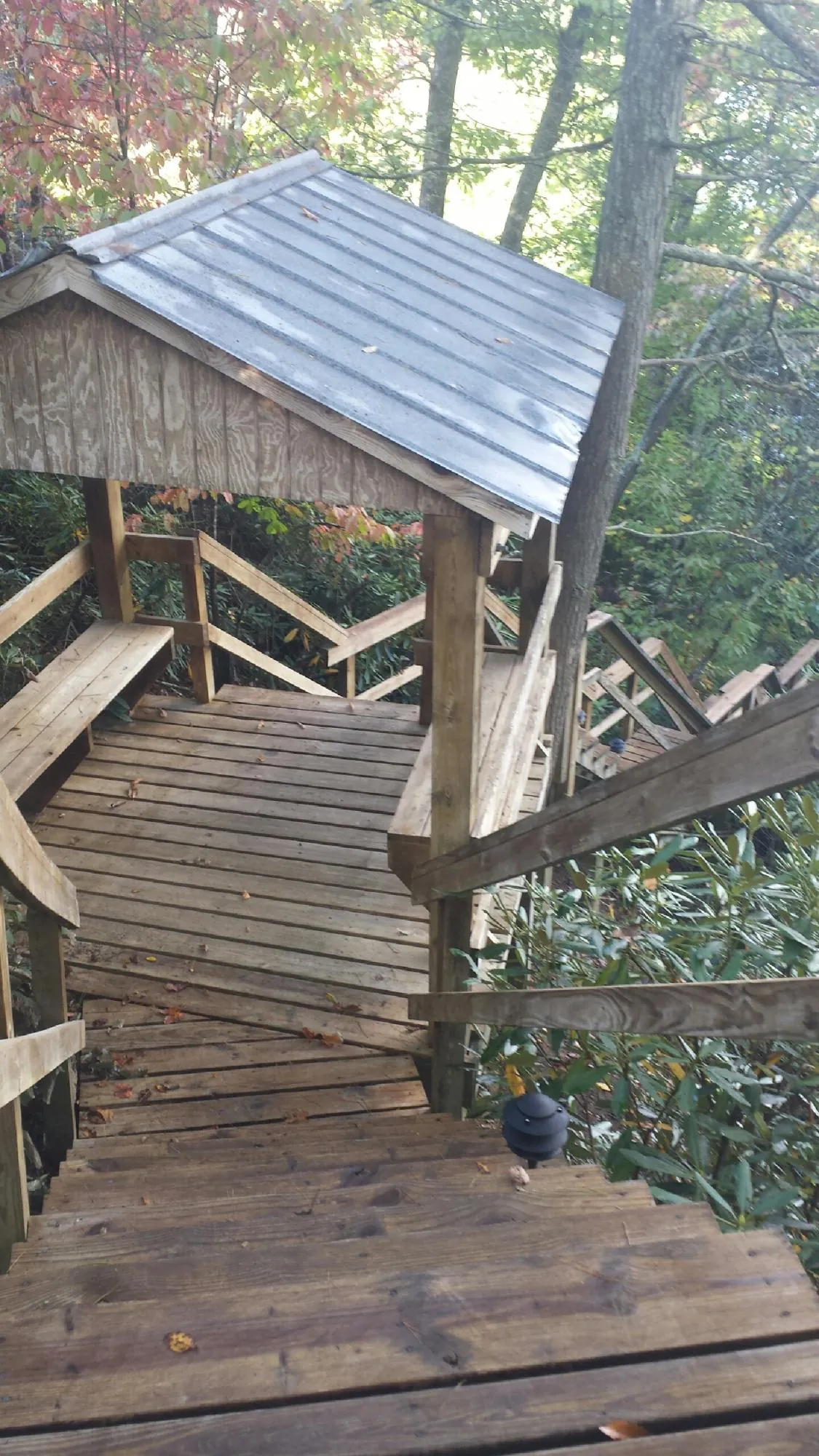 Metal roofed shelter over wooden steps on a wooded walkway — Skylight Repair & Installation work by our crew in Suwanee
